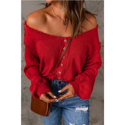 Button Front Distressed Knit Patched Top