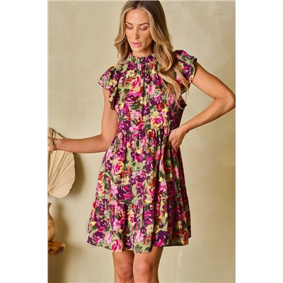 Green Floral Print Ruched Flutter Sleeve Frilled Neck Mini Dress