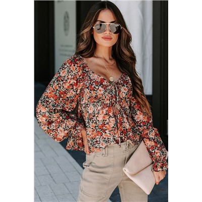 Orange Floral Flounce Sleeve Front Tie Sweetheart Neck Blouse