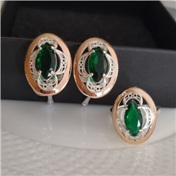 Комплект ювелирной бижутерии коллекция "Дубай",серьги и кольцо посеребрение с позолотой, вставка: камень зеленый, р-р 16,5, 09809, арт.001.459-16,5