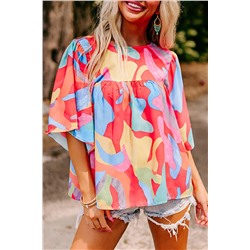 Multicolour Abstract Pattern Wide Sleeve Crew Neck Blouse