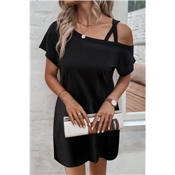 Black Asymmetric Shoulder Short Sleeve Mini Dress