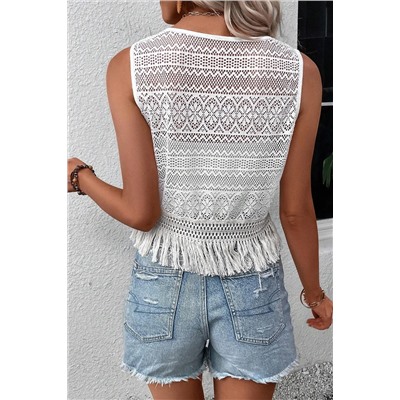 White Lace Crochet Hollow out Fringed Tank Top