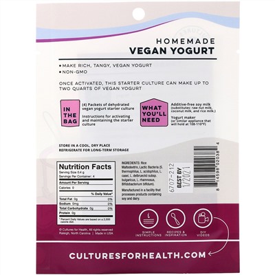 Cultures for Health, Vegan Yogurt, 4 Packets, .06 oz (1.6 g)