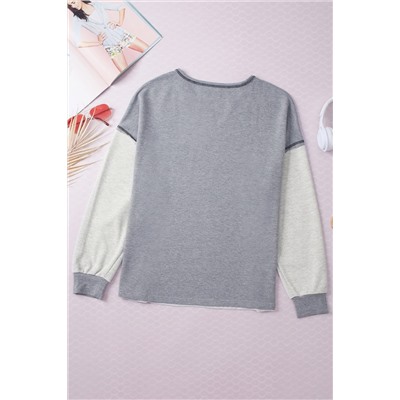 Gray Exposed Seam Ribbed Patchwork V Neck Sweatshirt