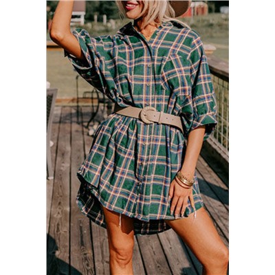 Green Oversized Plaid Half Sleeve Tunic Shirt