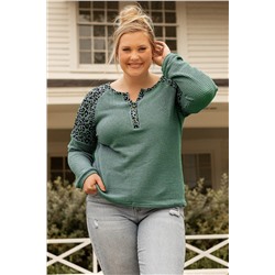 Mist Green Leopard Patchwork Textured Knit Plus Size Henley Top