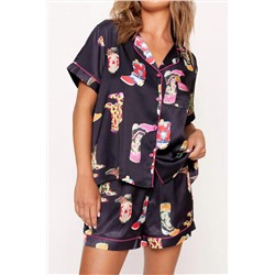 Black Western Boots Printed Short Pajama Set