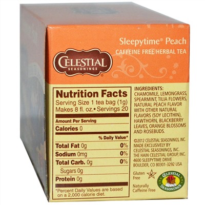 Celestial Seasonings, Sleepytime, травяной чай, без кофеина, персик, 20 чайных пакетиков, 29 г (1,0 унция)