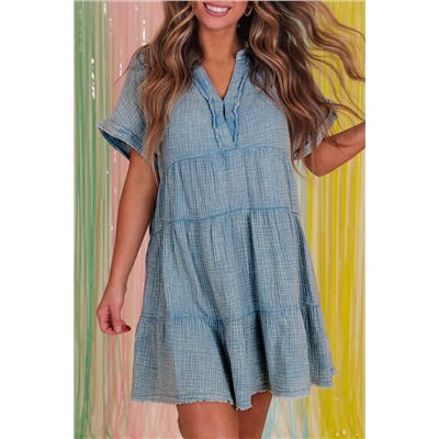 Beau Blue Mineral Wash Crinkle Split Neck Raw Hem Tiered Dress