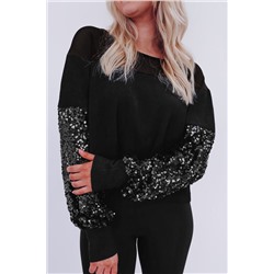 Black Sequin Patchwork Lantern Sleeve Blouse