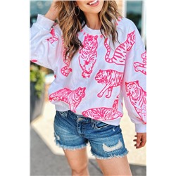 Bright White Pink Animal Print Pullover Sweatshirt