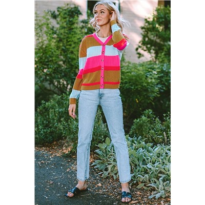 Rose Color Block Knitted Buttoned V Neck Sweater