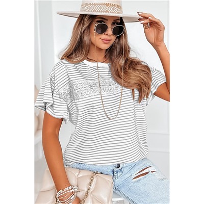 Light Grey Striped Lace Splicing Ruffle Sleeve T-shirt