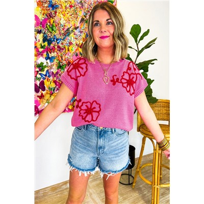 Bright Pink Corded Flower Embroidery Short Sleeve Knitwear Top