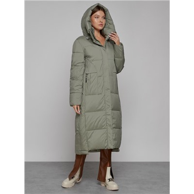 Пальто утепленное с капюшоном зимнее женское зеленого цвета 51156Z
