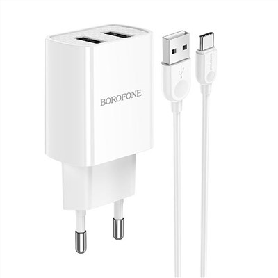 Адаптер Сетевой с кабелем Borofone BA53A Powerway 2USB 2,1A/10W (USB/Type-C) (white)