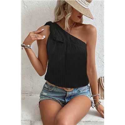 Black Textured Bowknot One Shoulder Tank Top