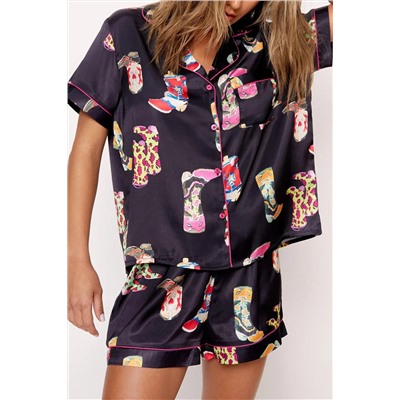 Black Western Boots Printed Short Pajama Set