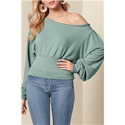 Green Off Shoulder Bishop Sleeve Cinched Waist Blouse