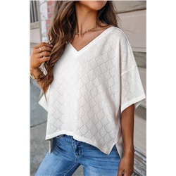 White V Neck Knitted Flowy Blouse