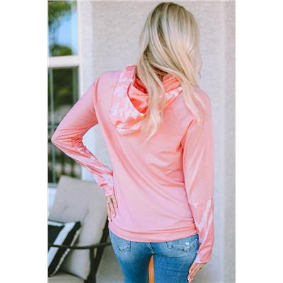 Pink Aztec Print Patchwork Thumb Hole Hoodie