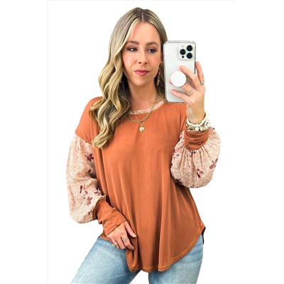 Gold Flame Floral Patchwork Puff Sleeve Filled Neck Blouse