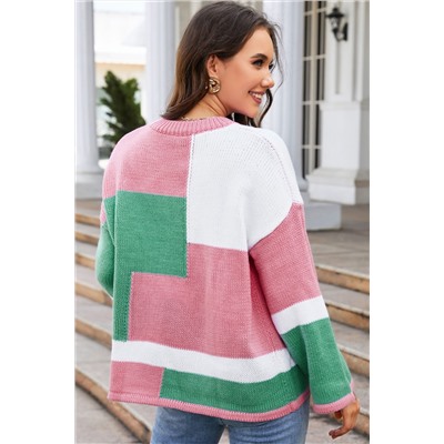 Pink Colorblock Drop Shoulder Bell Sleeve Sweater