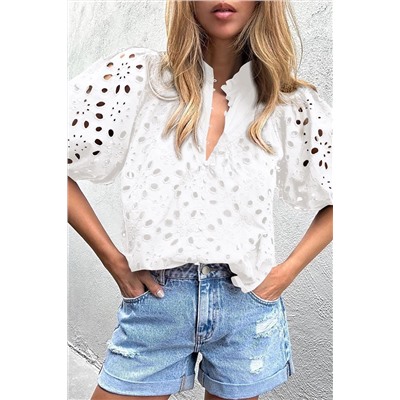 White Flower Embroidered Hollow-out Puff Sleeve Blouse