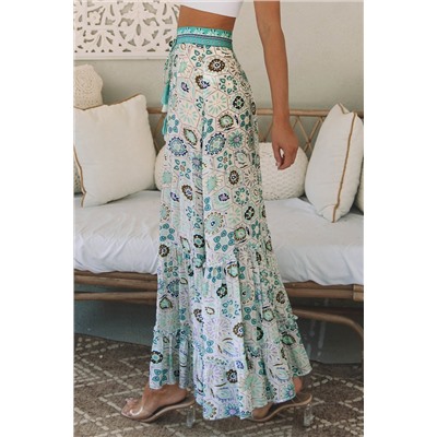 Sky Blue Boho Floral Print Maxi Skirt