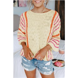 White Striped Detail Wide Sleeve Lightweight Knitted Sweater