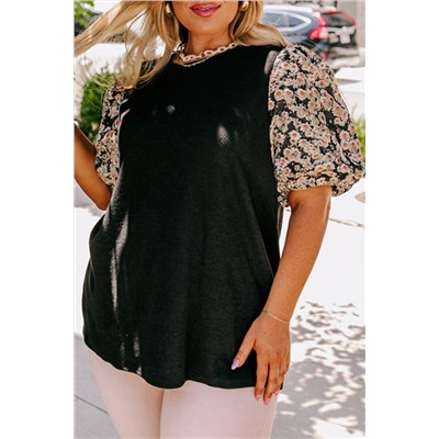 Black Daisy Printed Short Bubble Sleeve Plus Size Tunic Top