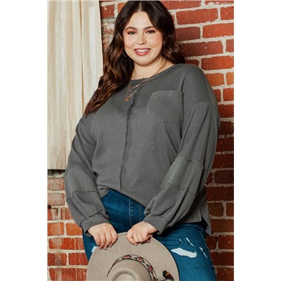 Dark Grey Plus Size Exposed Seam Crinkle Patchwork Top