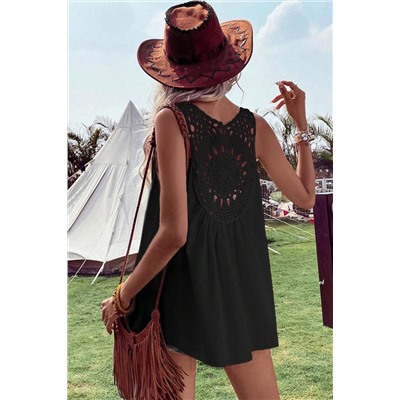 Black Bohemian Crochet Patchwork Sleeveless Tunic