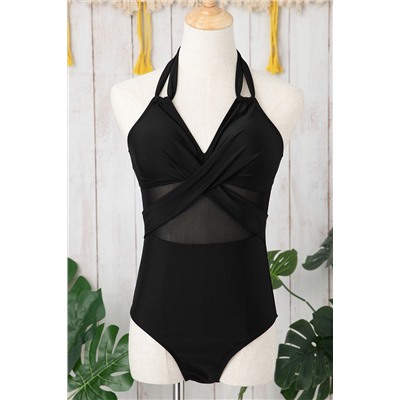 Black Halter Mesh Insert Cross Front One-Piece Swimsuit