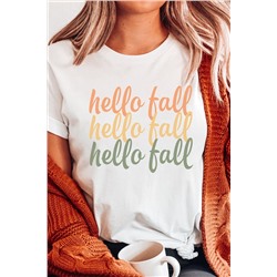 Белая футболка с разноцветной надписью: hello fall