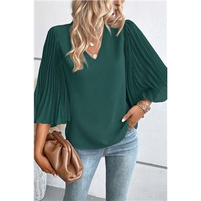 Blackish Green 3/4 Pleated Bell Sleeve V Neck Blouse