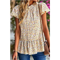 Beige Floral Frilled Collar Ruffled Short Sleeve Blouse