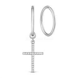 Серьги-конго женские из серебра и фианитами родированные (2 в 1, съёмный элемент) - Крест, диаметр 1,5 см