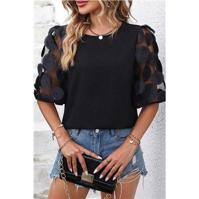 Black Contrast Applique Mesh Half Sleeve Blouse