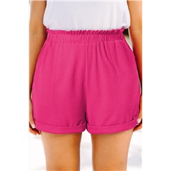 Bright Pink Plus Size Rolled Edge Ruffled Elastic Waist Textured Shorts