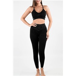 Black Seamless Ribbed Spaghetti Straps Bra Leggings Sports Set