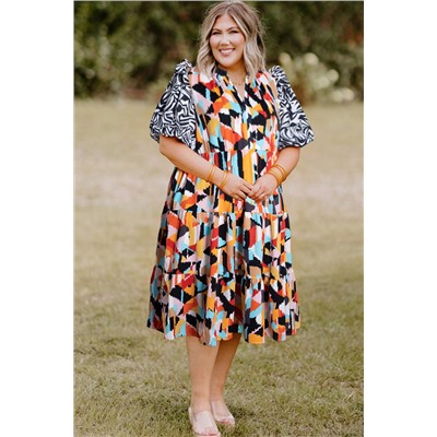 Pink Contrast Puff Sleeve Abstract Print Tiered Plus Size Dress