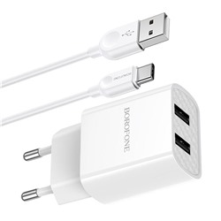 Адаптер Сетевой с кабелем Borofone BA53A Powerway 2USB 2,1A/10W (USB/Type-C) (white)