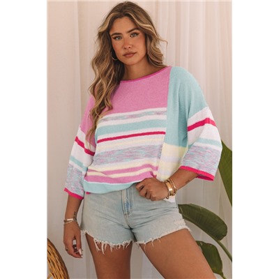 Pink Color Block Striped Three-Quarter Sleeve Knitted Top