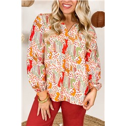 Orange Printed Floral Abstract Print Frilled V Neck Plus Size Blouse