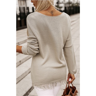 Khaki Lightweight Knit Fringe Hem Loose Sweater