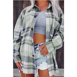 Green Printed Plus Size Chest Pocket Plaid Shirt