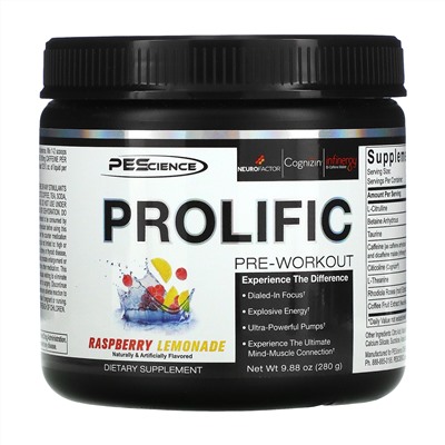 PEScience, Prolific, Pre-Workout, Raspberry Lemonade, 9.88 oz (280 g)