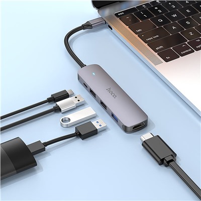 Хаб Type-C - USB Hoco HB27 HDTV+USB3.0+USB2.0*2+PD (metal gray)